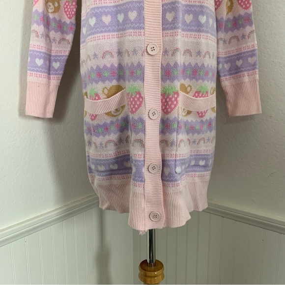 Hot Topic Pastel Teddy Bear & Strawberries Cardigan Longline Sweater Kawaii - Picture 7 of 17